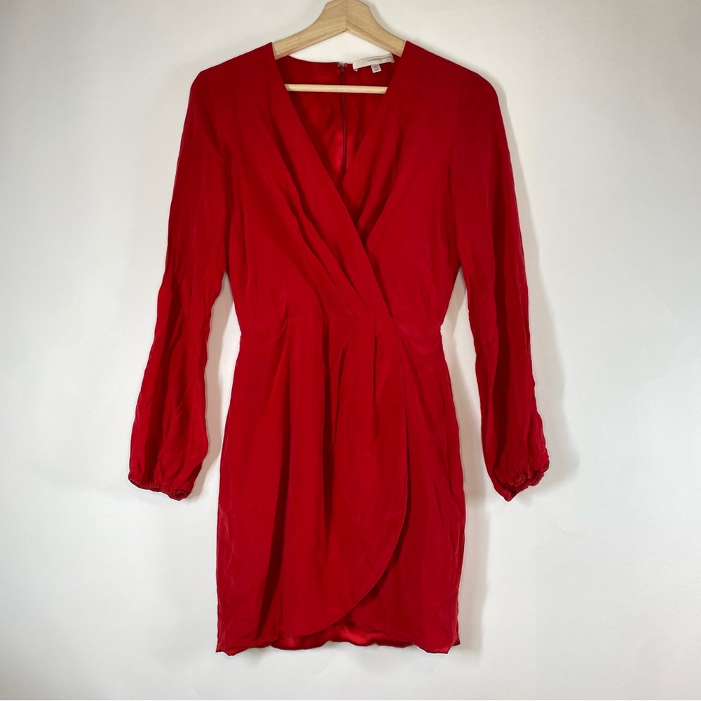 Lavender Brown Red Silk V-Neck Long Sleeve Valentines Day Tulip Dress Size XS